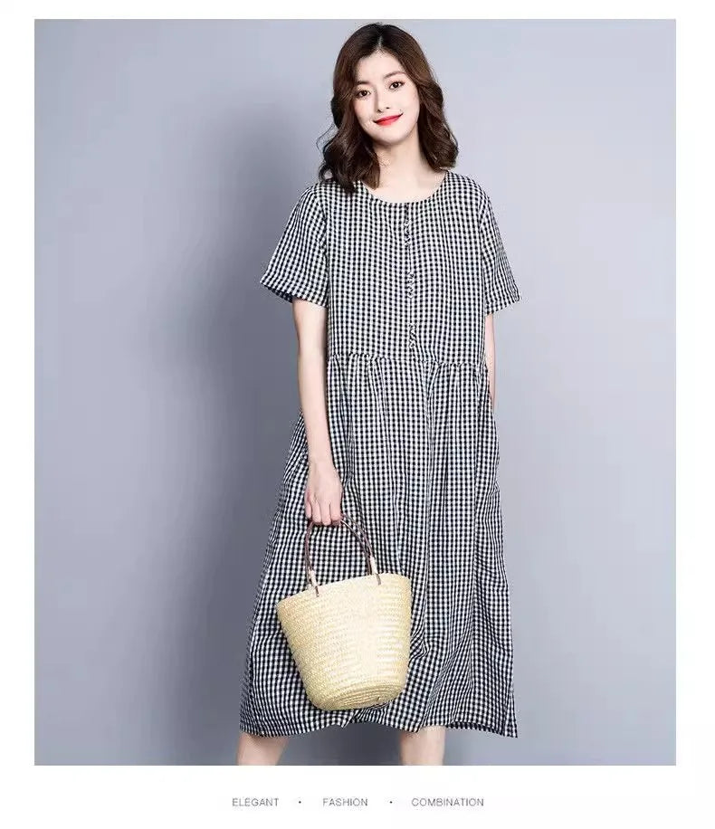 Vintage Plaid Cotton Dresses for Women 2025 New Summer Classical Ladies Midi Dress Elegant Literary Casual Loose Daily Dresses