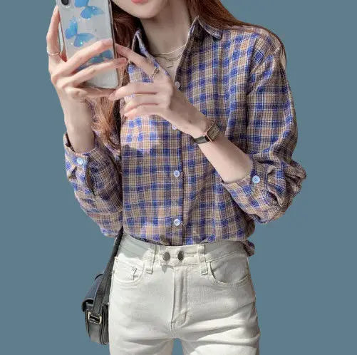 Vintage All-match Plaid Shirt for Female 2022 Spring Women's Clothing Korean Simple Turn-down Collarlong Sleeve Casual Blouses