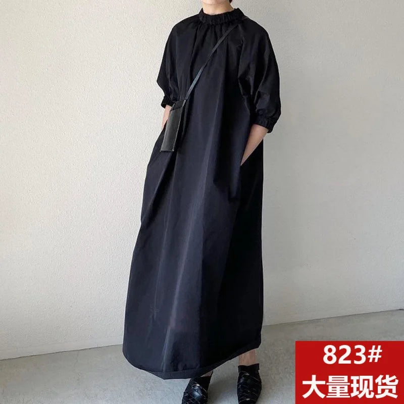 Japanese Style Dress2023 Summer New Women's Clothing Solid Color Stand Collar Dress Loose-Fit Elegant A- Line Long Dress