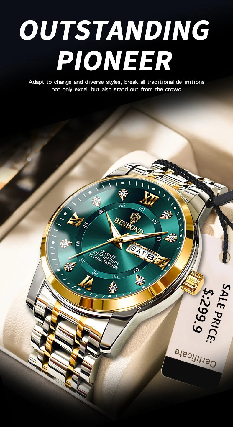 2025 Quartz Watch for Men Luxury Diamonds Gold Watch Waterproof Luminous Stainless Steel Business Men's Quartz Watch Mens Watch
