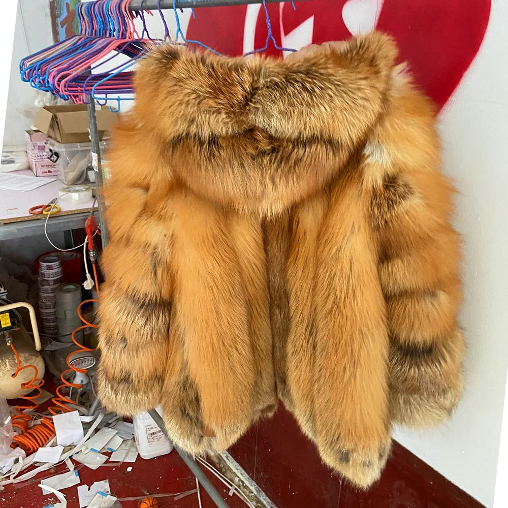 QUEENTINA Real Fox Fur Coat for Women, Winter Jacket, Warm Outerwear, Luxury Designer, External Clothes Plus Fashion New Long