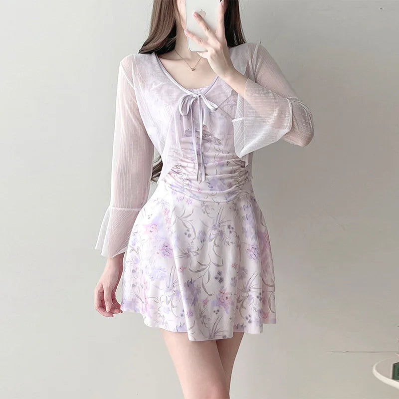 sexy Korean fashion floral print swimsuit two pieces purple ruffles bodysuits with cover mesh smock bikinis cute beach outfits
