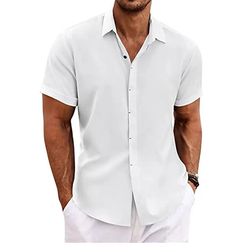 Men Cotton Linen Hot Sale Men's Short-Sleeved Shirts Summer Solid Color Turn-down Collar Casual Beach Style Plus Size Tops