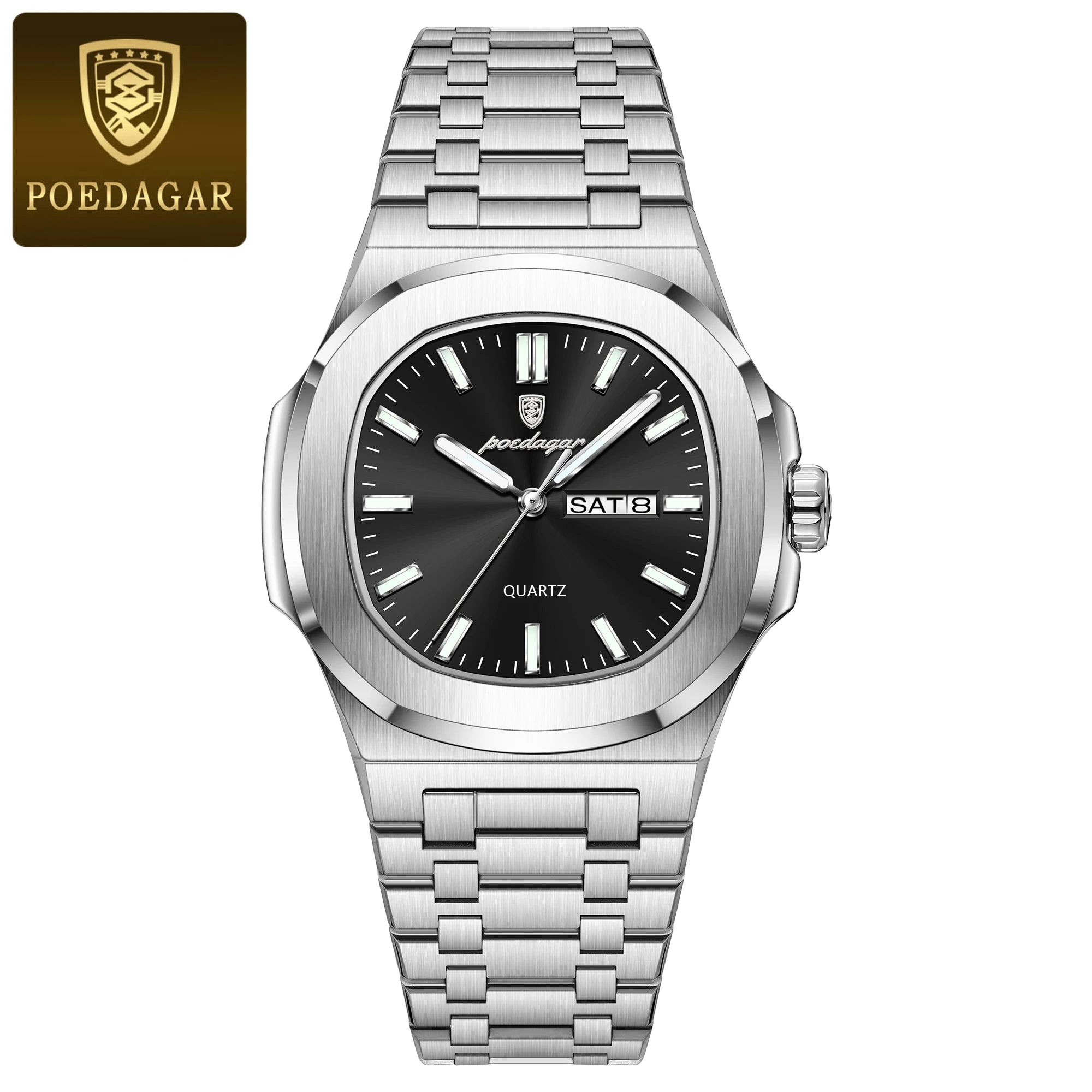 POEDAGAR Trendy Casual Wristwatch For Men Week Date Stainless Steel Man Watch Luminous Waterproof Luxury Quartz Men Watches+Box