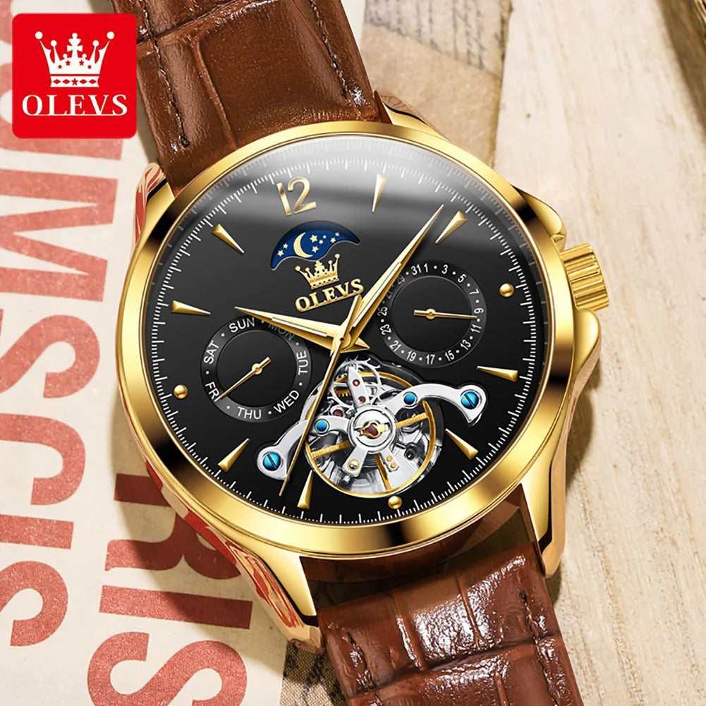 OLEVS 6663 Mens Watch Original Mechanical Watch Tourbillon Waterproof Luminous Leather Strap Moon Phase Day-Date Watch With Box