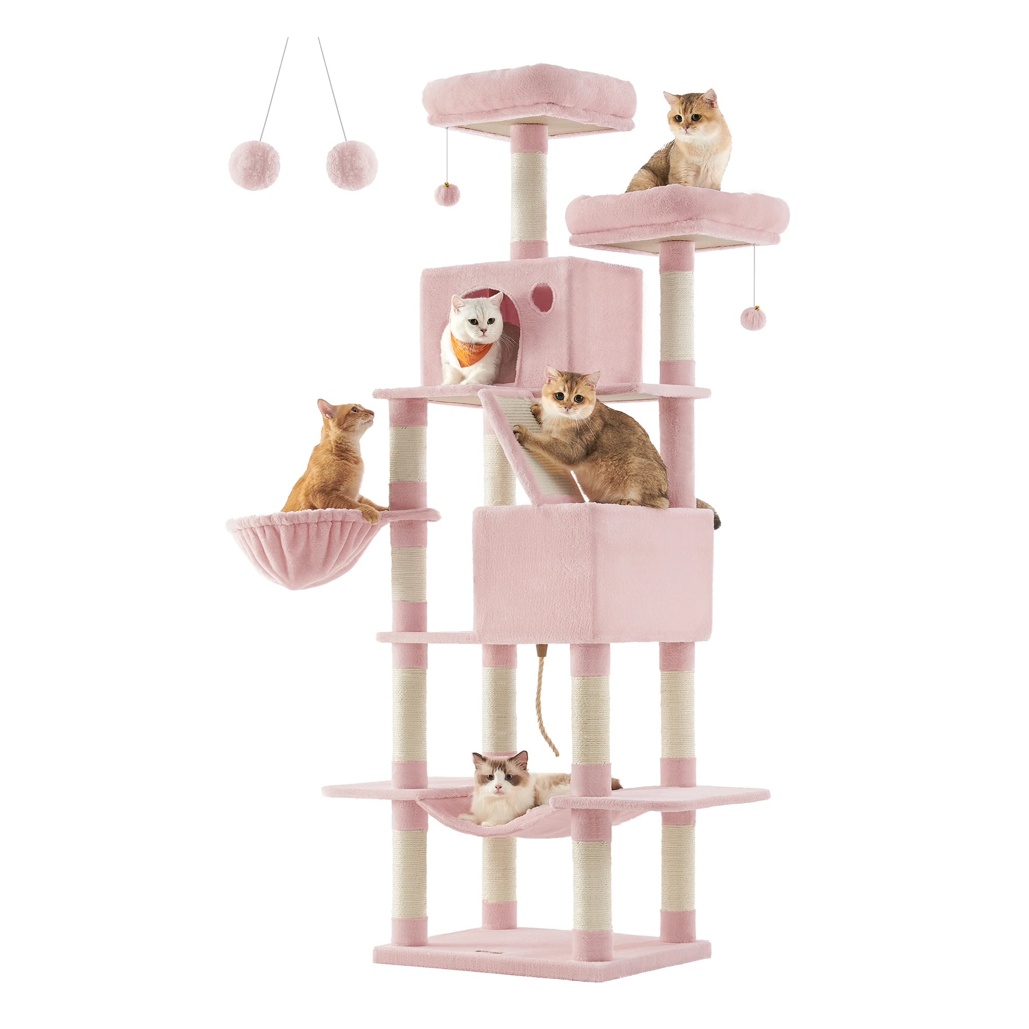 Feandrea Cat Tree, Height 206 cm, with 13 Scratching Posts, 2 Platform, 2 Kennels, Basket, Hammock, Pompom