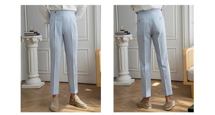 High-end Striped Men's Suit Pants Spring Summer Thin Italian Straight Casual Trousers Blue Paris Buckle Business Trousers
