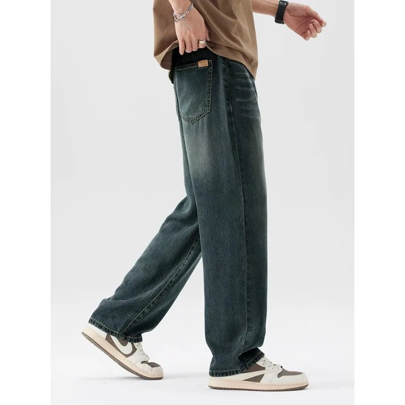 Spring Summer Thin Men's Loose Jeans Lyocell Draped Soft Fashion Loose Pants Streetswear Vintage Straight Y2K Denim Trousers