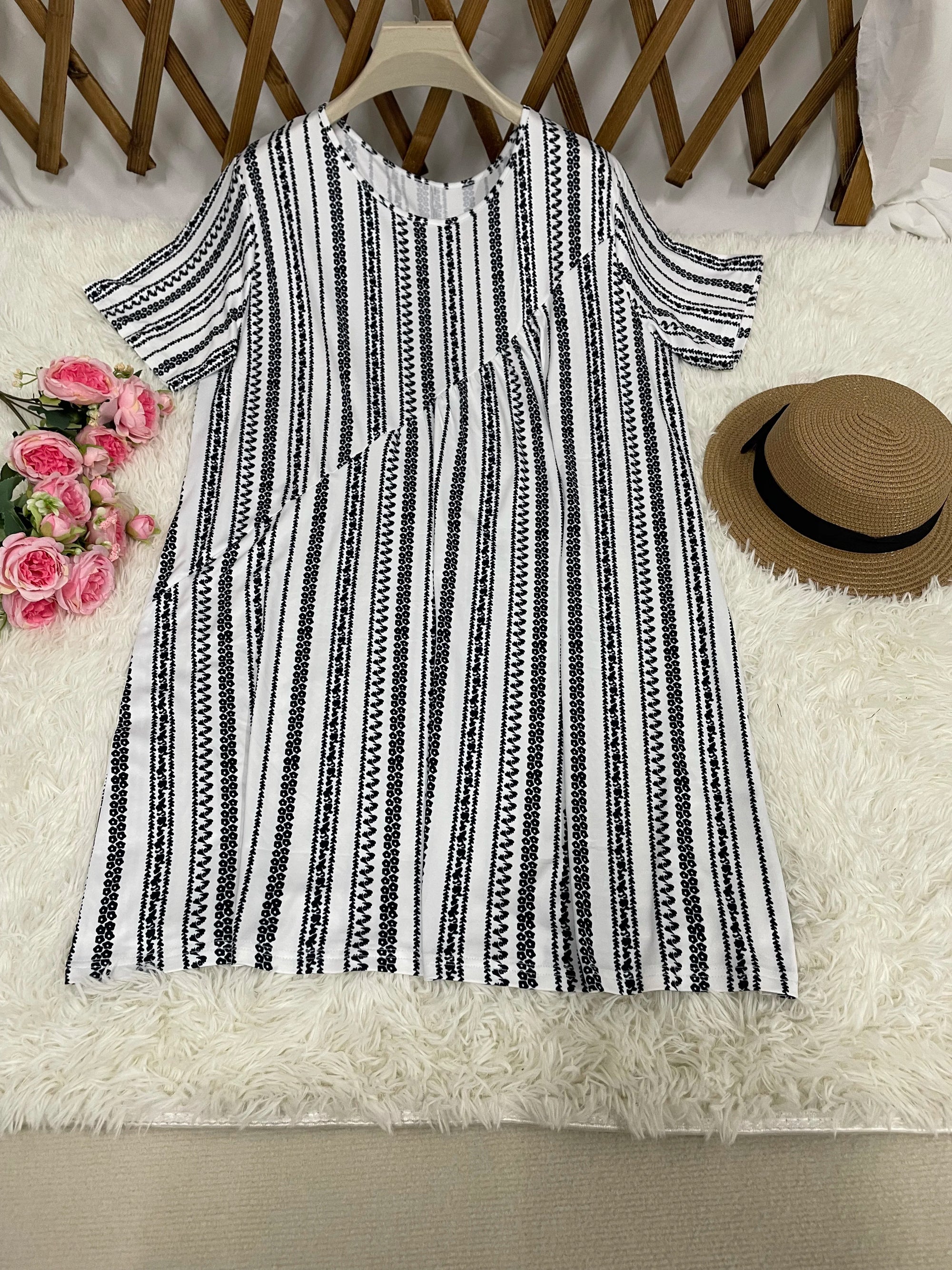 Casual Striped Print Dress For Women Fashion O-Neck Short Sleeve Loose Dresses Lady Office Womens Clothing Summer New Plus Size