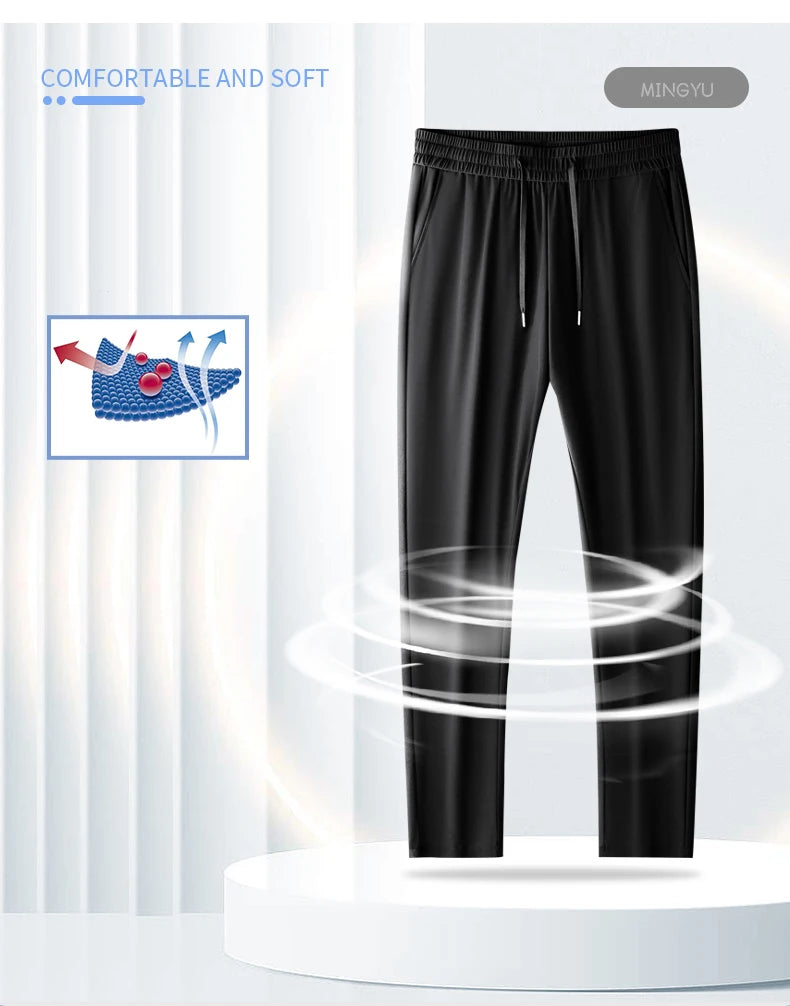 Summer High Stretch Smooth Ice Silk Casual Pants Man Thin Soft Elastic Waist Korean Grey Sweatpants Sports Jogging Trousers Male