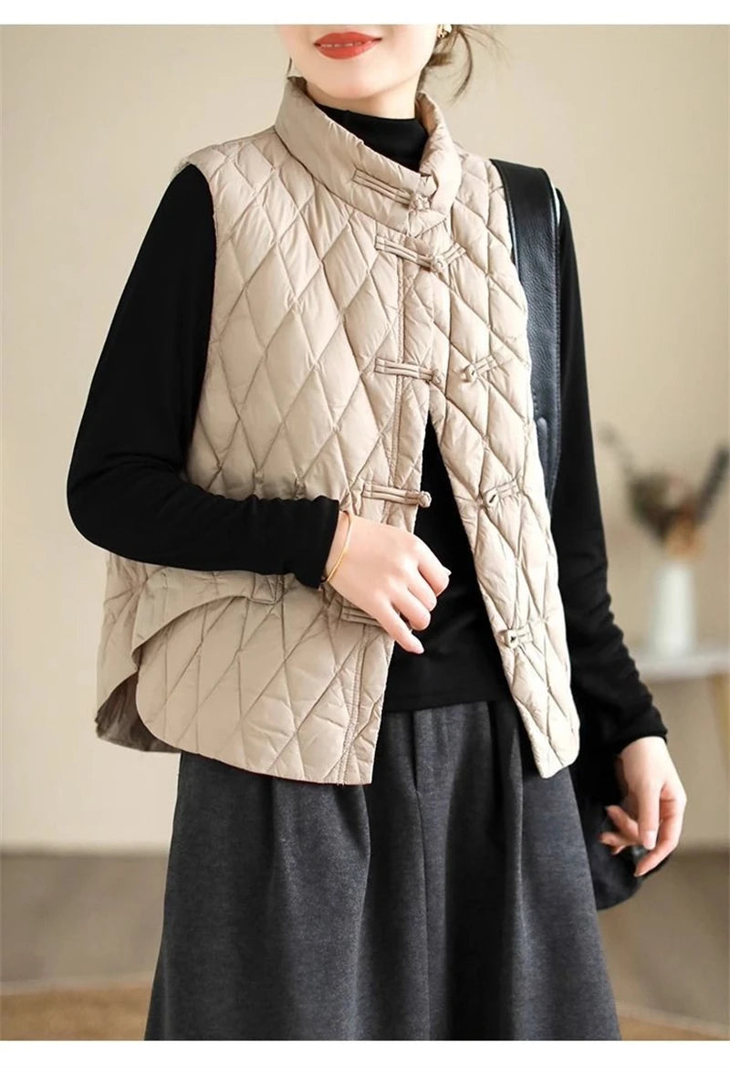 2024 New Autumn Winter Parkas Women Puffer Vest Loose Cropped Stand Collar Sleeveless Vest Jackets Down Cotton Padded Waistcoat