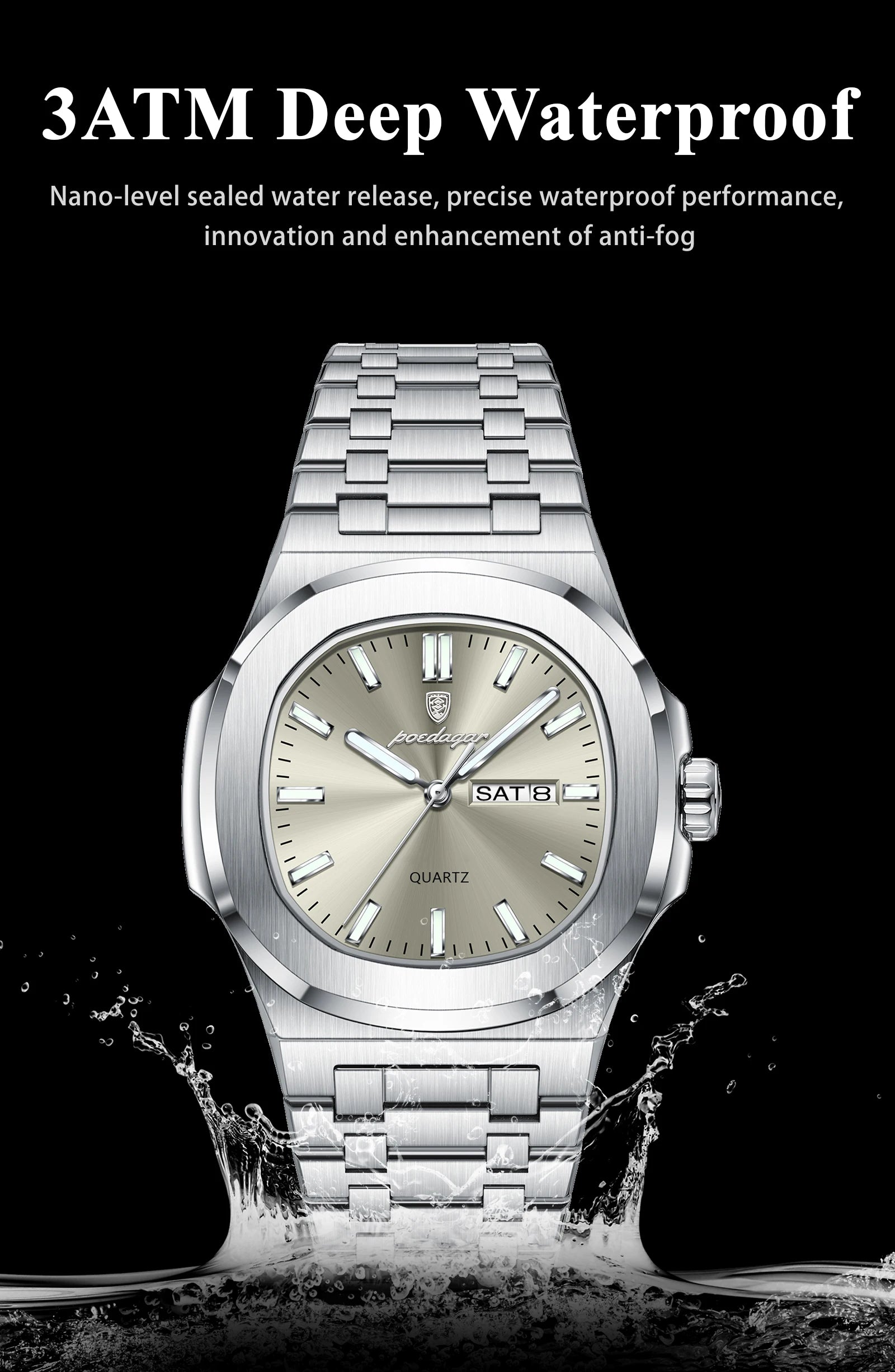 POEDAGAR Trendy Casual Wristwatch For Men Week Date Stainless Steel Man Watch Luminous Waterproof Luxury Quartz Men Watches+Box