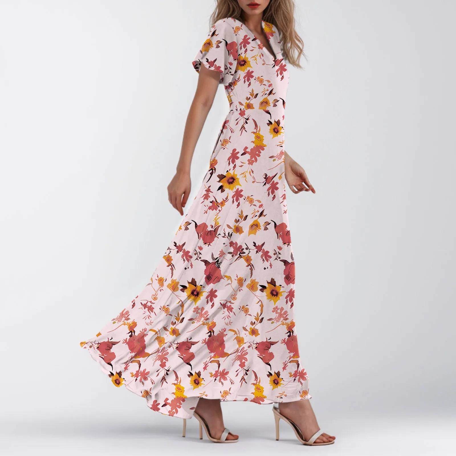 Women V-neck Ruffle Short Sleeve Maxi Dress Waist Tight High-waist Hem Sweet Floral Print Elegant Dress Female Clothing Vestidos