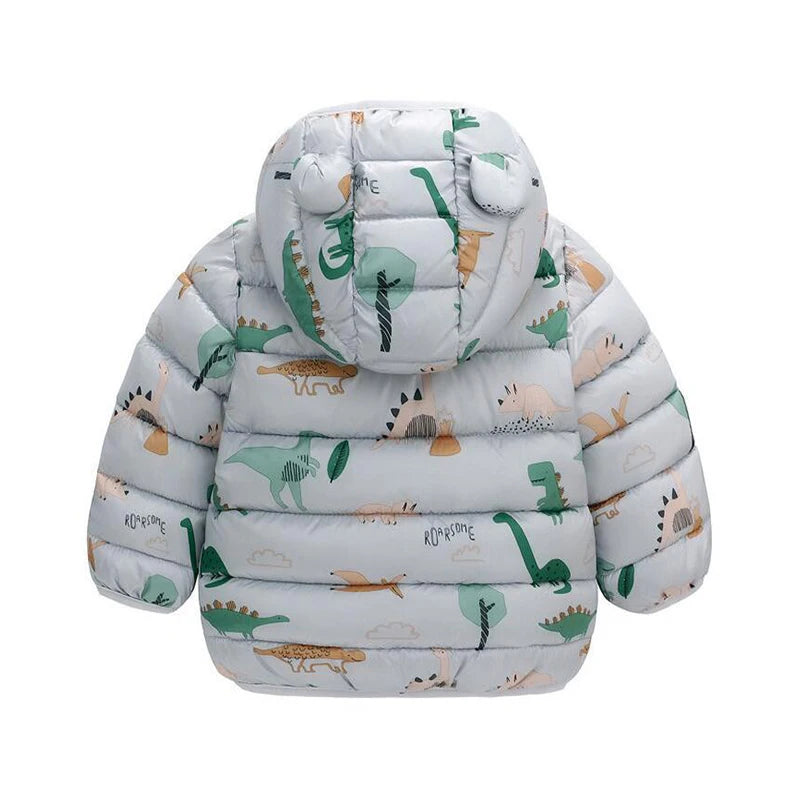 Children Boys Baby Hooded Lightweight Down Jackets Warm Outerwear Autumn Kids Girls Coats Cartoon Dinosaur Print Casual Clothing