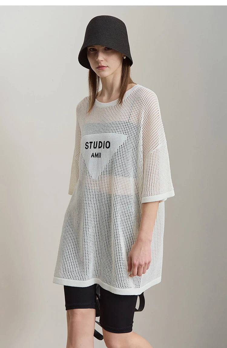 Amii Minimalist Women's Knitted Pullovers 2025 Summer Crew Neck Short-sleeved Casual Mid Long Loose Letter Jacquard Top 12542048
