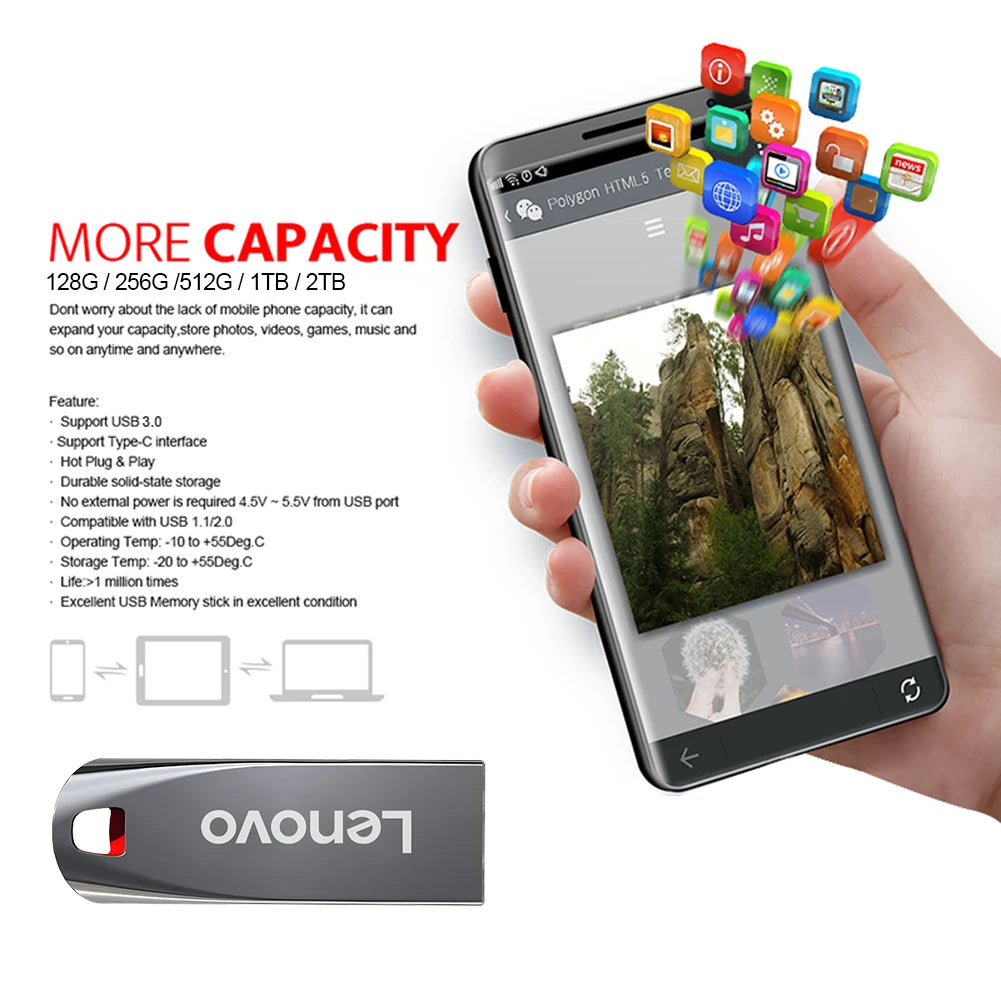 Lenovo U Disk 2TB 256GB 512GB Metal USB3.1 Dustproof Titanium Gamer Design USB  Flash Drive 128GB  Pen Drive 512GB 1TB