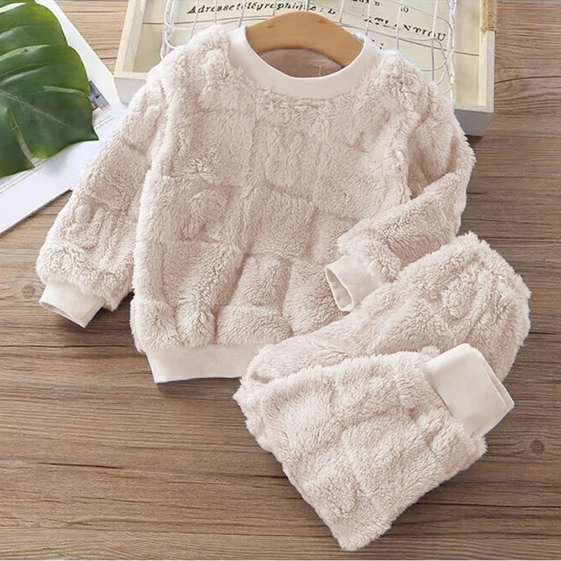 New Autumn and Winter Flange Pajamas Suits Children's Long Sleeve Top+Trousers Sets Plus Velvet Thick Home Wear 1-6 Years Old