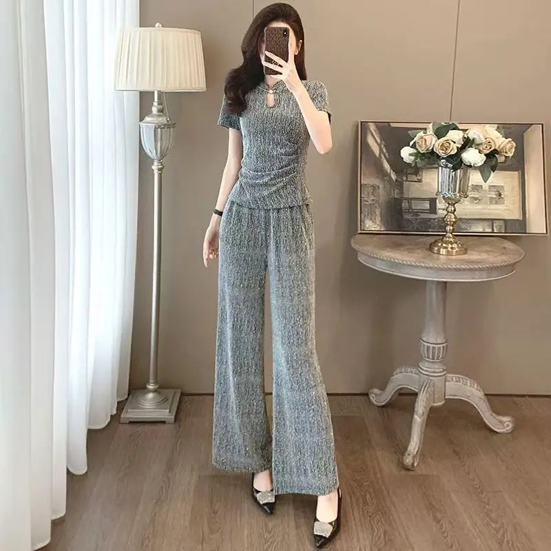 Fashion suit women's summer new style high-end feeling new Chinese style short sleeved top+casual wide leg pants two-piece set