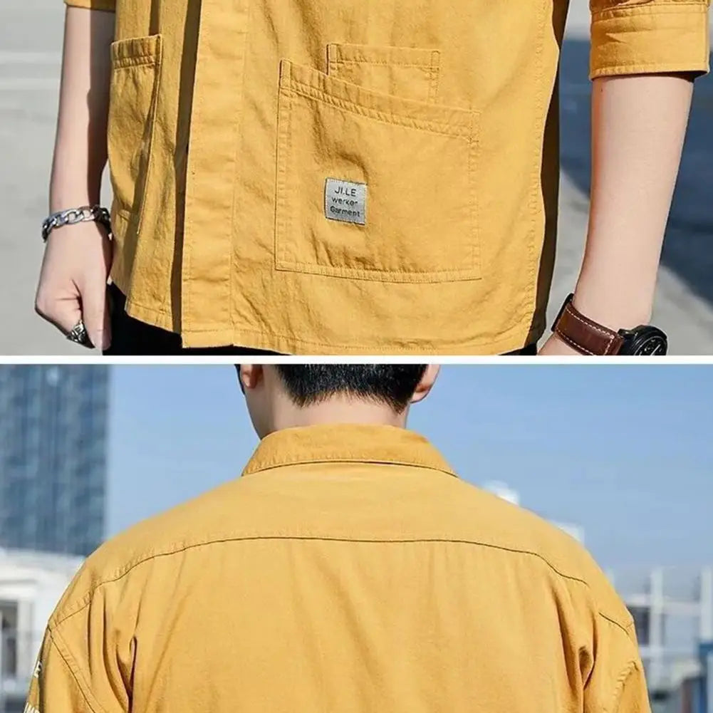 Japanese Style Men Cargo Shirt Half Sleeve Single-breasted Shirt Vintage Logo Label Decor Men Jacket Casual Loose Cardigan Shirt