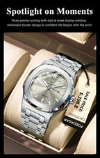 POEDAGAR Trendy Casual Wristwatch For Men Week Date Stainless Steel Man Watch Luminous Waterproof Luxury Quartz Men Watches+Box