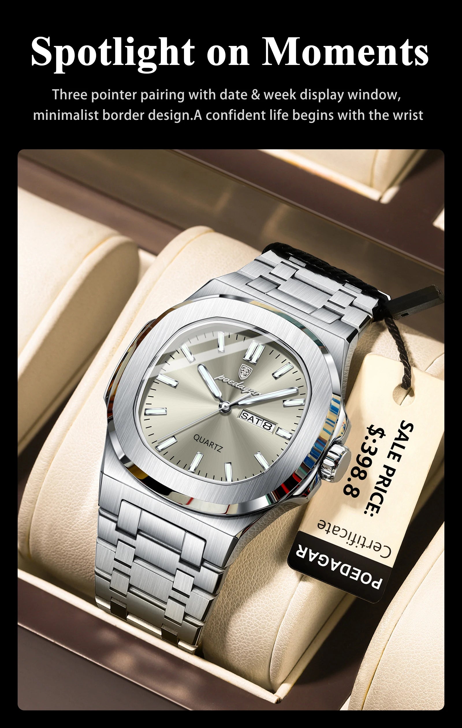 POEDAGAR Trendy Casual Wristwatch For Men Week Date Stainless Steel Man Watch Luminous Waterproof Luxury Quartz Men Watches+Box