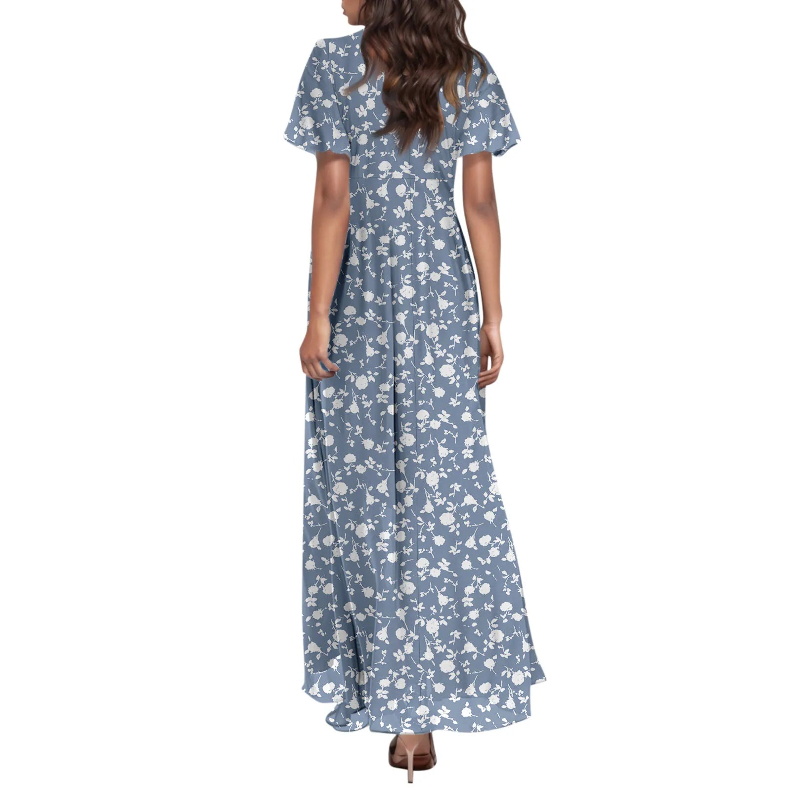 Women V-neck Ruffle Short Sleeve Maxi Dress Waist Tight High-waist Hem Sweet Floral Print Elegant Dress Female Clothing Vestidos