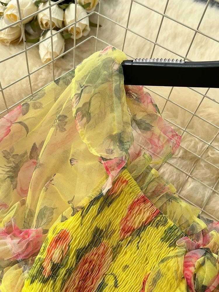 Summer Vintage French Mesh Dress for Women New Waist Cinched Slash Neck Bubble Sleeves Sweet Floral Chiffon Dress Female C146