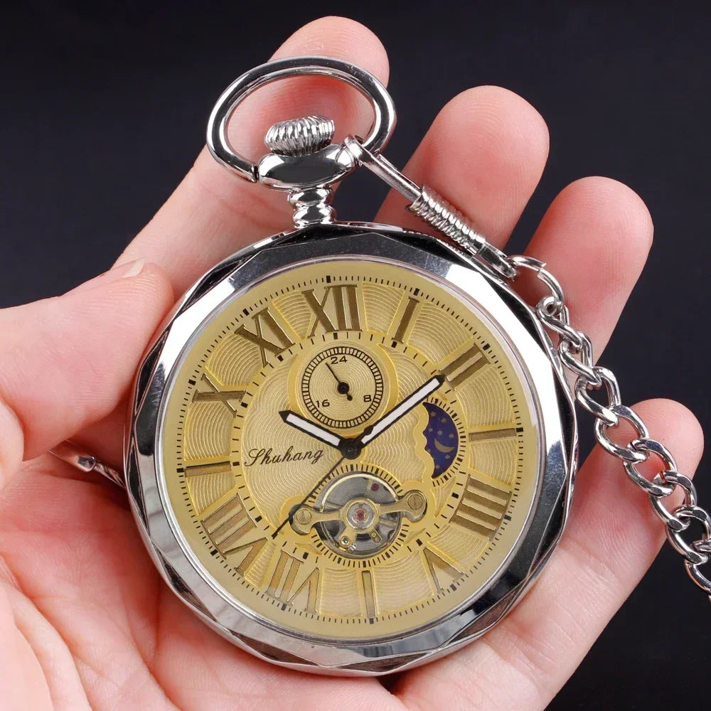 Luxury Gold Moon Phase Without Cover Mechanical Pocket Watch Antique Pendant Pocket Clock High Grade Gifts for Men