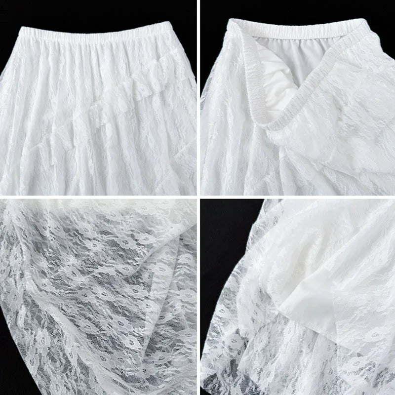 White Lace Irregular Maxi Skirts Women Vintage Ruffles Spliced A-Line Skirts Woman Summer Design Sheer High Waist Cake Skirt