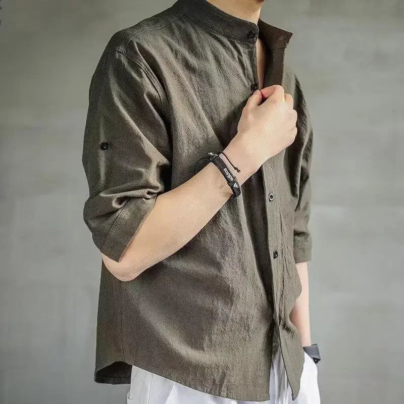Japanese Retro Solid Color Linen Simple Shirt Men's Versatile Loose Casual American Spring New Style