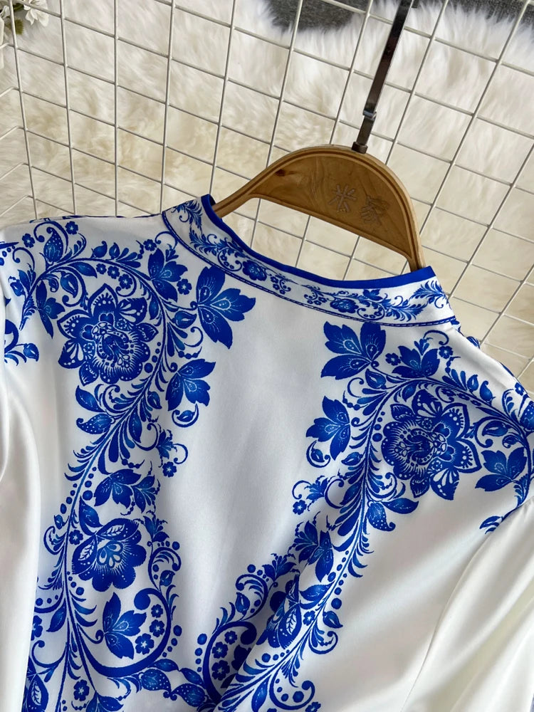 Spring Maxi Belt Dresses for Women Chic Vintage Printing Robe Femme Stand Neck Tunic Lantern Sleeve Dress 2024 Vestidos De Mujer