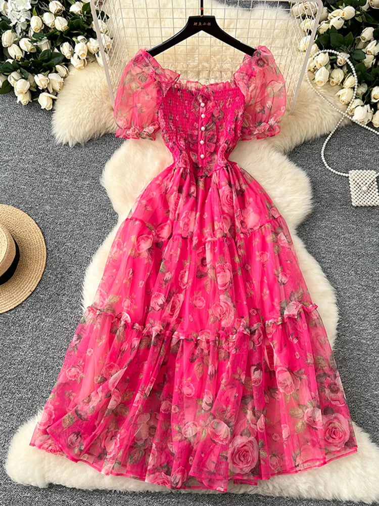 Summer Vintage French Mesh Dress for Women New Waist Cinched Slash Neck Bubble Sleeves Sweet Floral Chiffon Dress Female C146