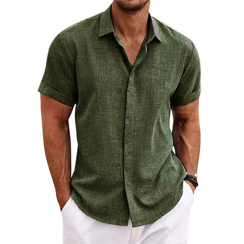 Men Cotton Linen Hot Sale Men's Short-Sleeved Shirts Summer Solid Color Turn-down Collar Casual Beach Style Plus Size Tops