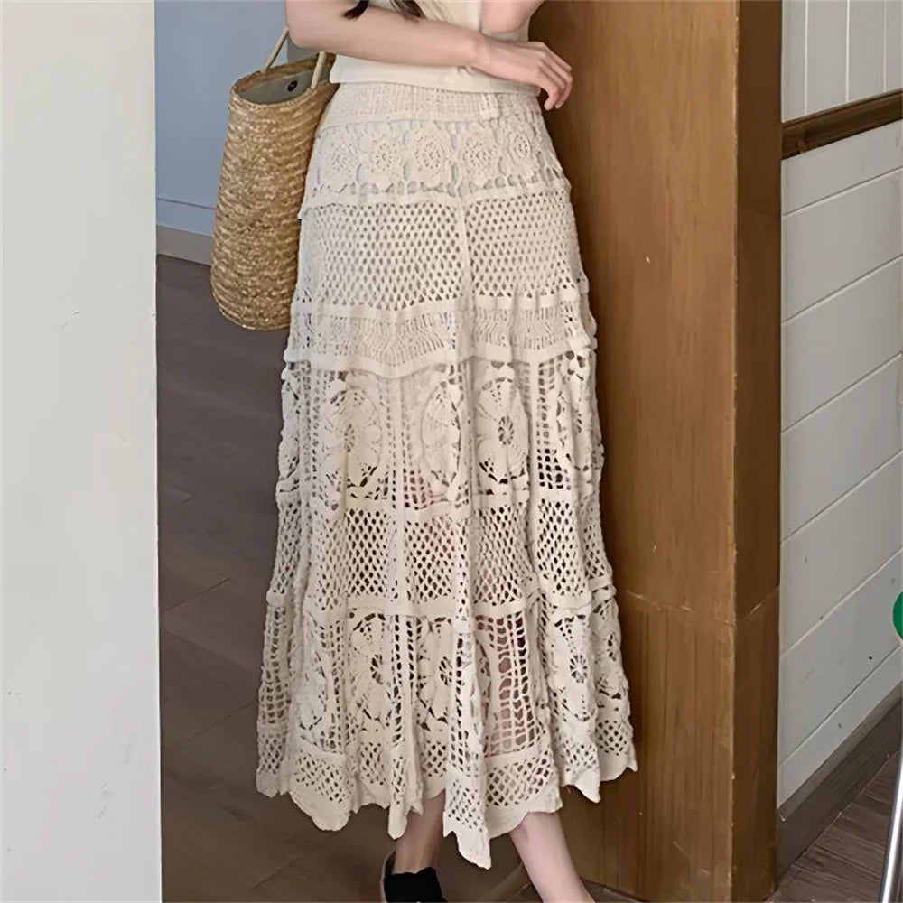 Mid Long Skirt Vintage Women Knitted Skirt 2025 Spring Summer High Waist Holllow Out Crocret Floral Pleated Skirts Lace Elegant