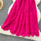 SINGREINY Chic Embroidery Hollow Out Dress Ruffles Splice Off Shoulder Elastic Ruched Slim 2025 Solid Gentle Vacation Long Dress