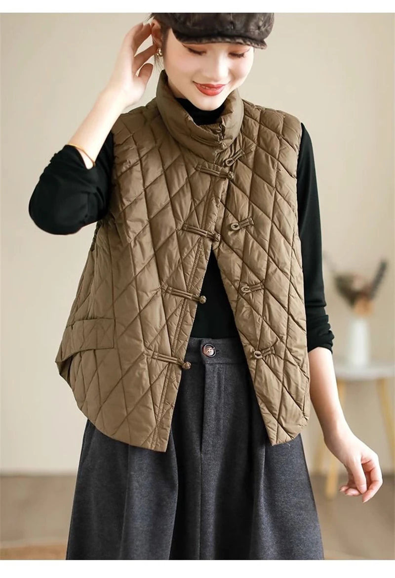 2024 New Autumn Winter Parkas Women Puffer Vest Loose Cropped Stand Collar Sleeveless Vest Jackets Down Cotton Padded Waistcoat