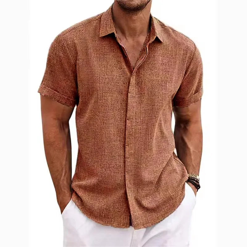 Men Cotton Linen Hot Sale Men's Short-Sleeved Shirts Summer Solid Color Turn-down Collar Casual Beach Style Plus Size Tops