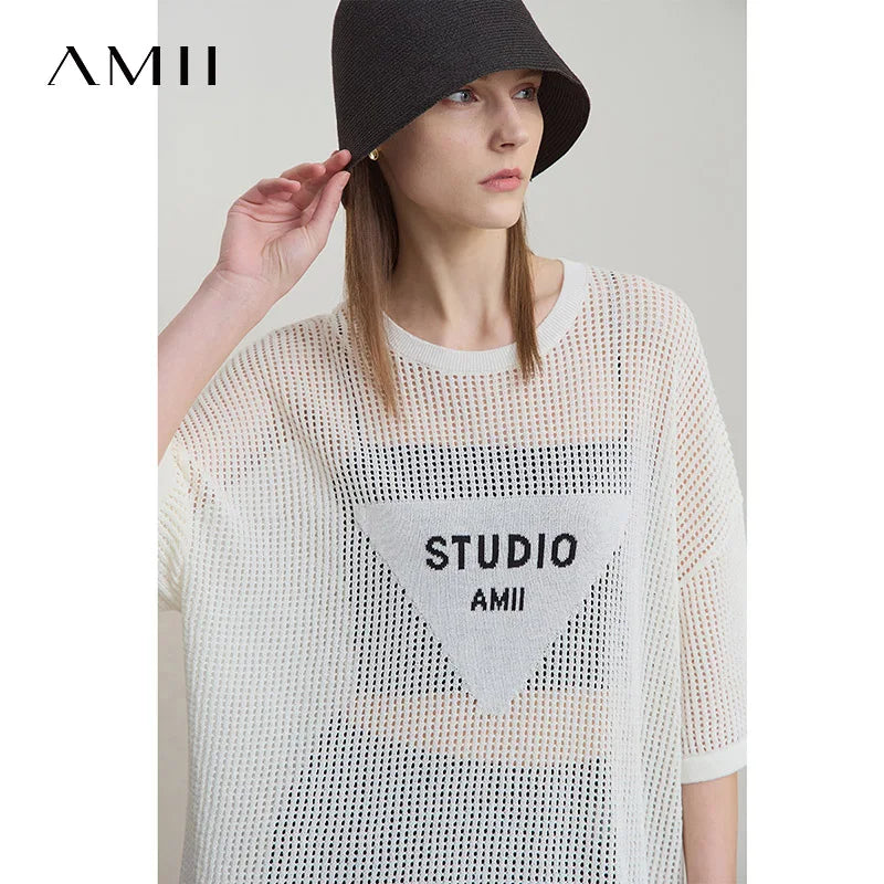 Amii Minimalist Women's Knitted Pullovers 2025 Summer Crew Neck Short-sleeved Casual Mid Long Loose Letter Jacquard Top 12542048