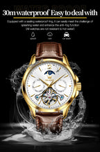 OLEVS 6663 Mens Watch Original Mechanical Watch Tourbillon Waterproof Luminous Leather Strap Moon Phase Day-Date Watch With Box
