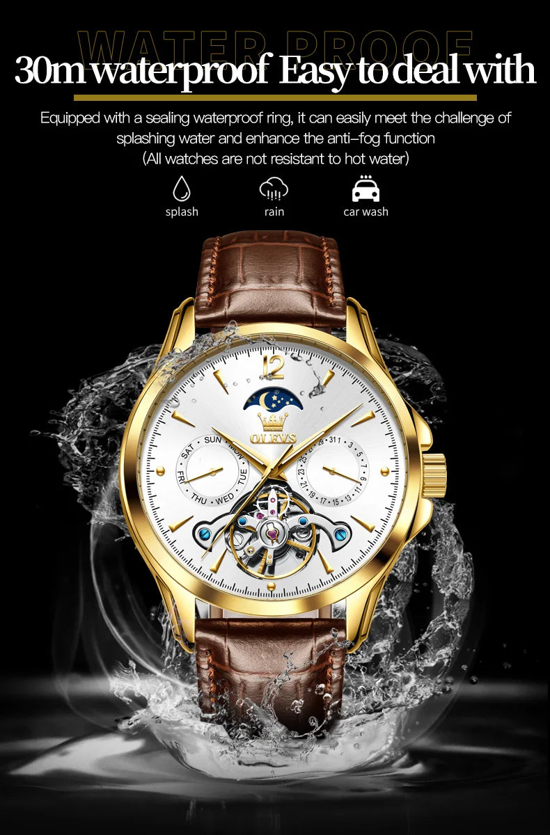 OLEVS 6663 Mens Watch Original Mechanical Watch Tourbillon Waterproof Luminous Leather Strap Moon Phase Day-Date Watch With Box