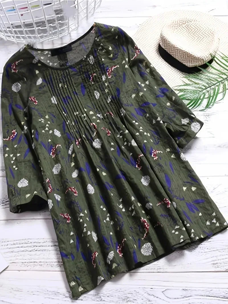 Plus Size 1XL-5XL Women's   Fashion Floral Printed 3/4 Sleeve Blouse Shirt Ladies Casual Loose Retro Color Shirt Blouse Tops