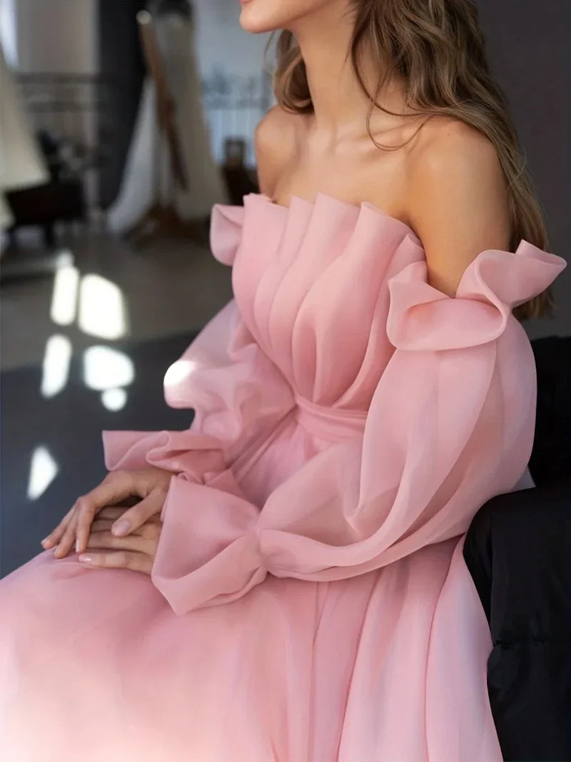 Sexy Fashion Long Sleeve Off Shoulder High Waist Corset Folds Evening Graduation Dress Robe Prom Elegant Women Long Party Dress