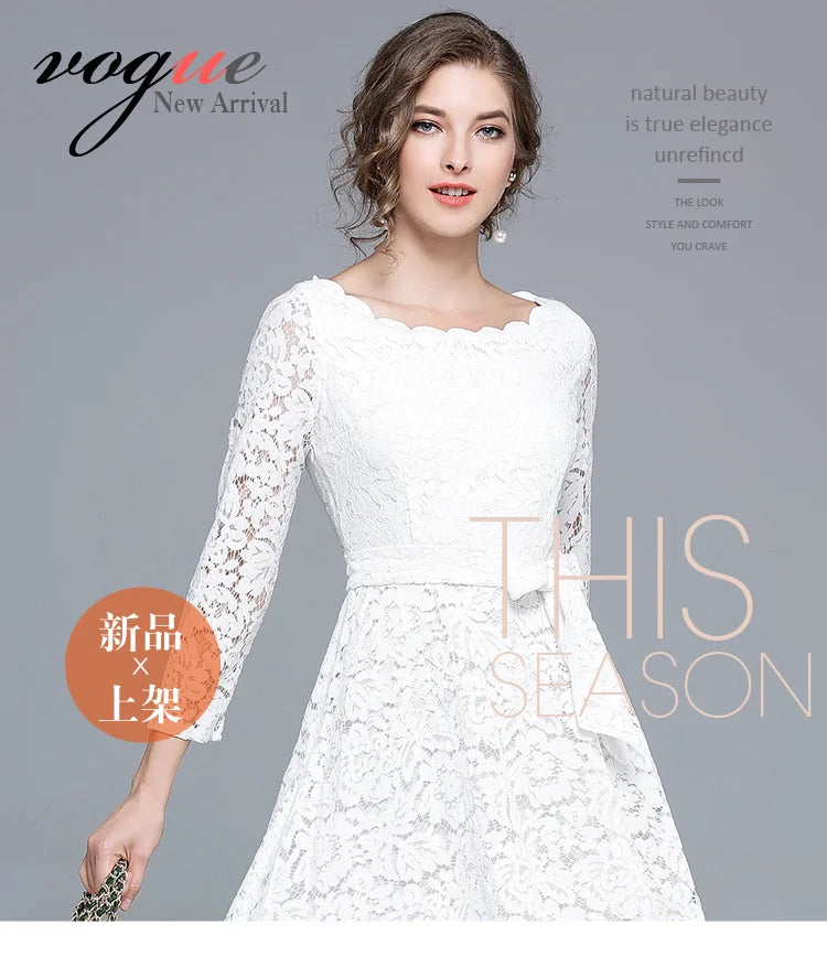 Lace White Prom Dress Women 2023 Summer Autumn Long Sleeve Sexy Slash Neck A Line Midi Party Vestidos Flower Embroidery