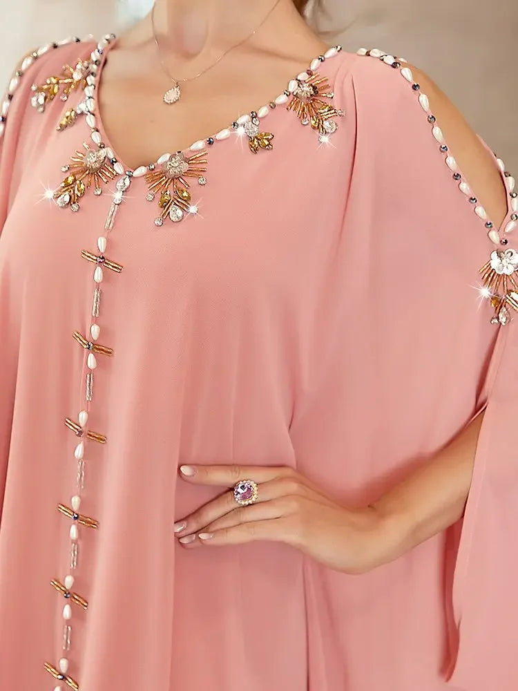 Ramadan Eid Party Dress Morocco Kaftan Off Shoulder Pink Diamond Beads Dubai Abaya Long Dress Abayas for Women Robe Musulmane