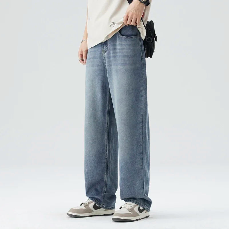 Spring Summer Thin Men's Loose Jeans Lyocell Draped Soft Fashion Loose Pants Streetswear Vintage Straight Y2K Denim Trousers