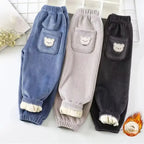 Autumn/winter Children's Fleece-lined Corduroy Pants Stylish Embroidery Casual Warm Trousers For Boys Girls