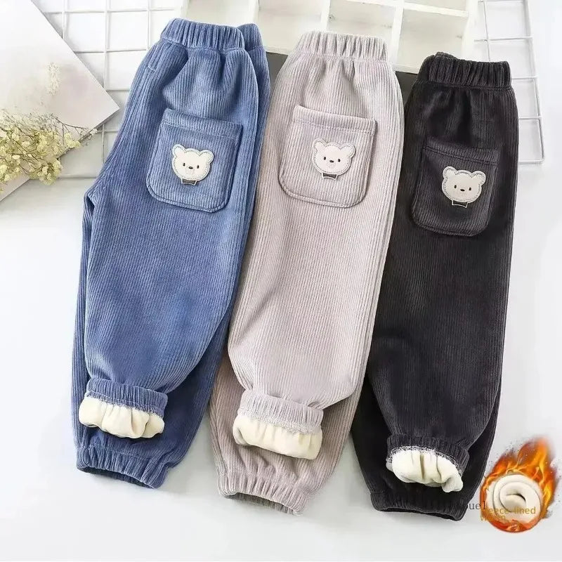 Autumn/winter Children's Fleece-lined Corduroy Pants Stylish Embroidery Casual Warm Trousers For Boys Girls