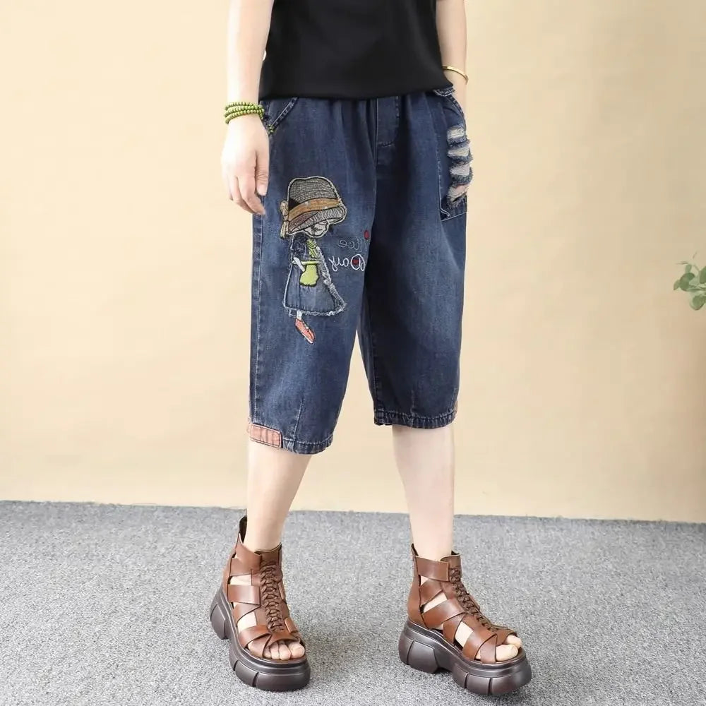 Vintage Jeans Shorts Women Summer Floral Embroidery Elastic High Waist Denim Shorts Design Wide Leg Trousers Blue Black Shorts
