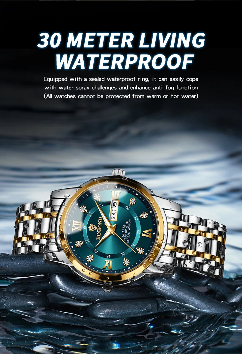 2025 Quartz Watch for Men Luxury Diamonds Gold Watch Waterproof Luminous Stainless Steel Business Men's Quartz Watch Mens Watch