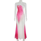 BIIKPIIK Vacation Mesh Semi-perspective Long Dress Sexy Floral Printed Strapless Party Dress Elegant Women Slim Fit Maxi Dresses